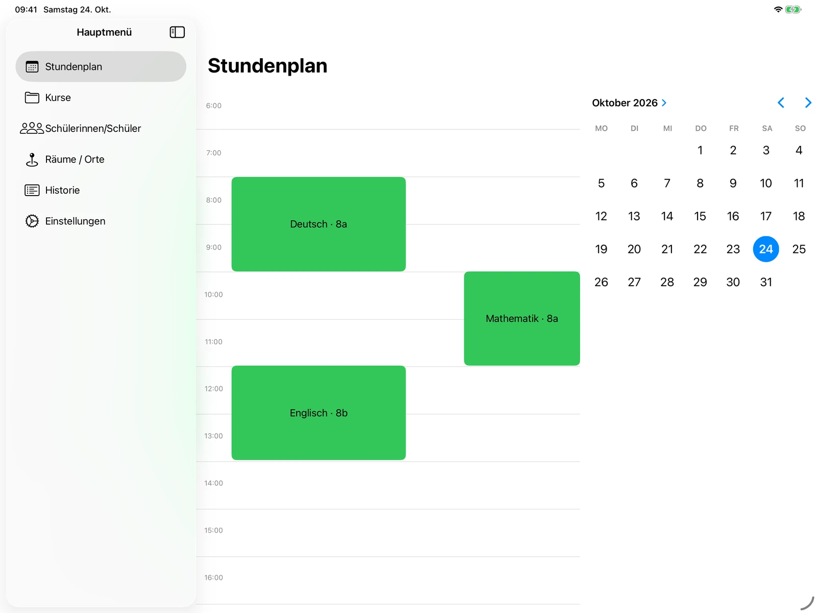 Stundenplan mit den Terminen der Beispielkurse und Kalender