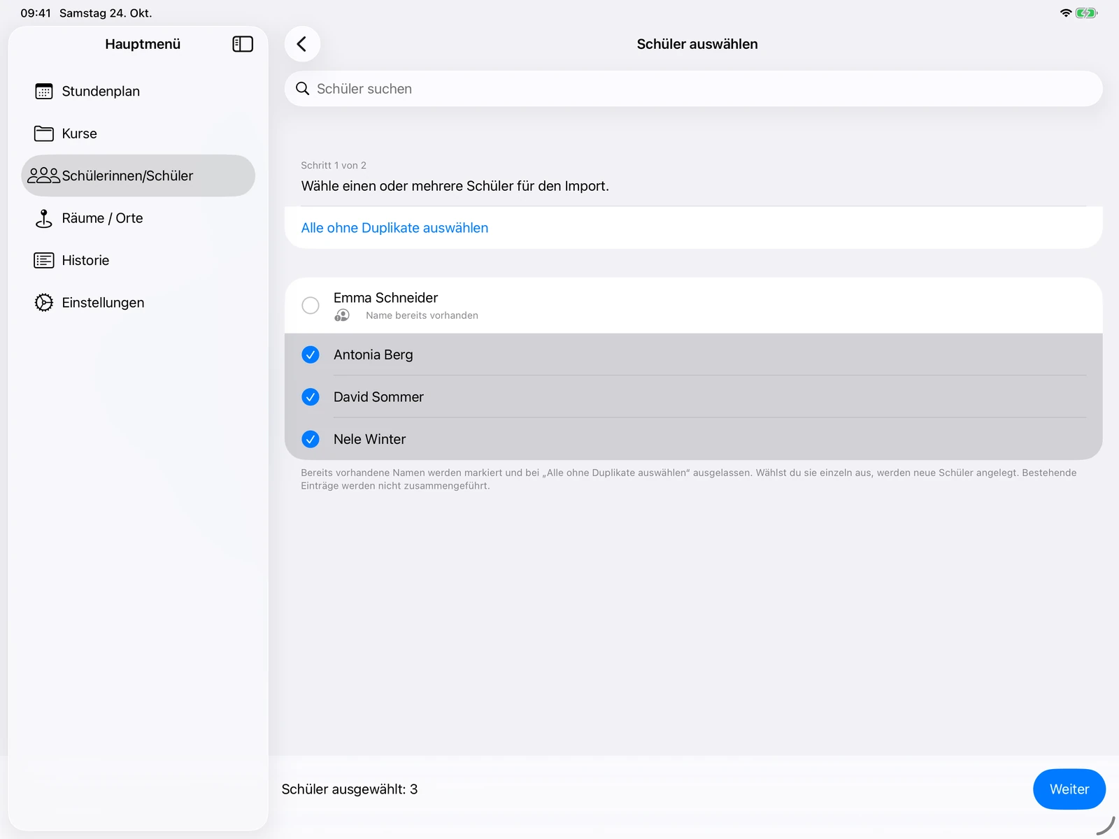 CSV-Import Schritt 1: Schüler auswählen mit markierten bereits vorhandenen Namen