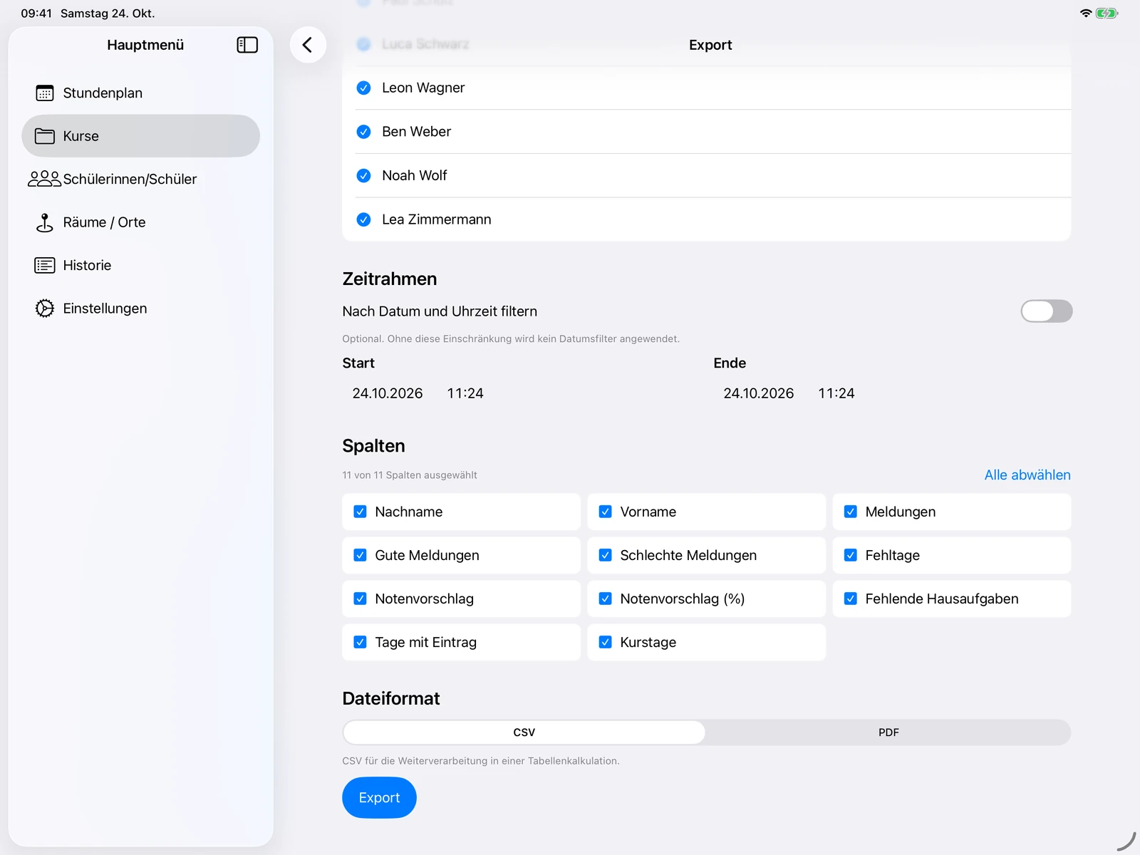 Kursdatenexport mit Auswahl der Personen, Spalten, Zeitraum und Dateiformat