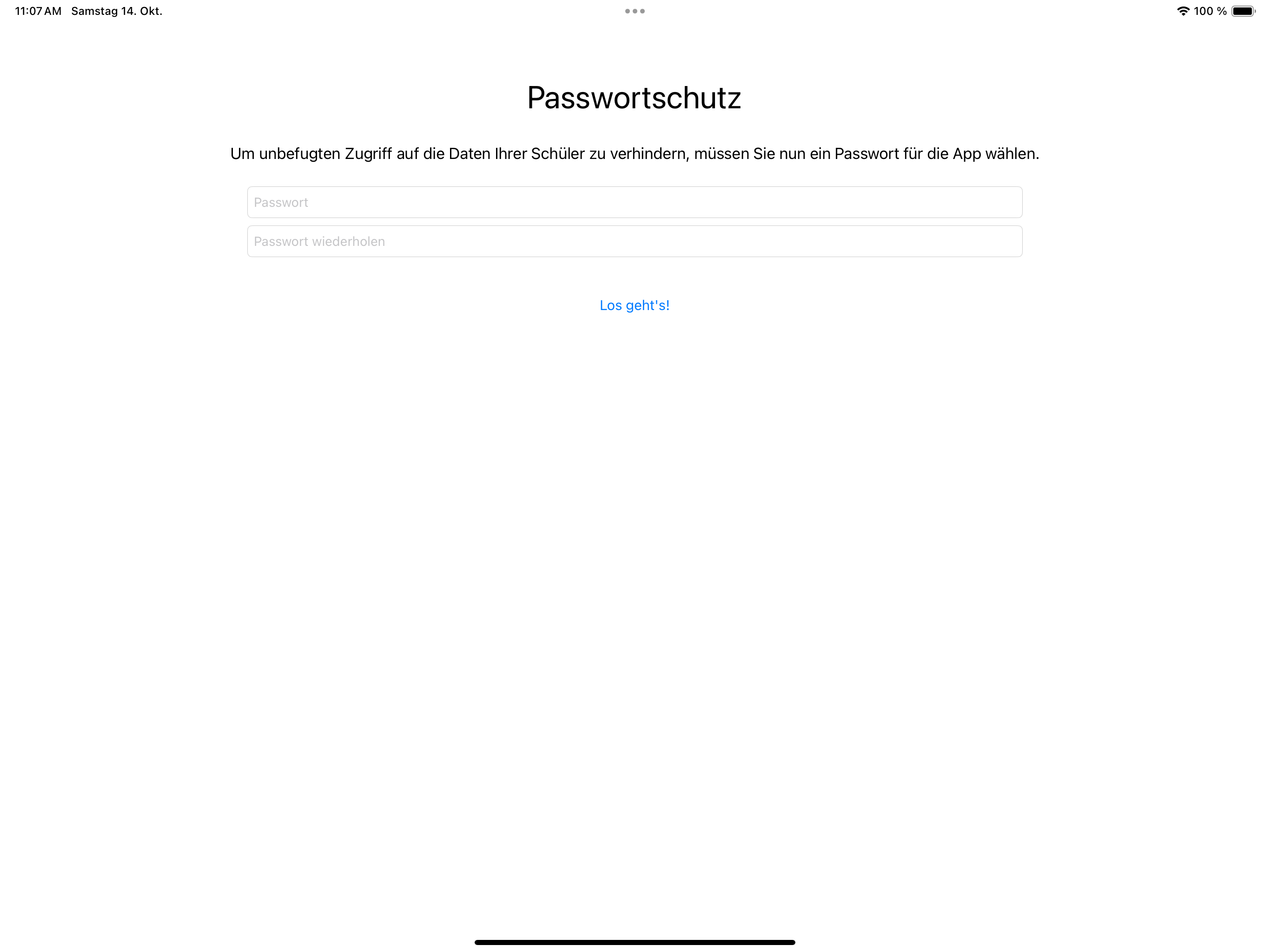 Passwortscreen beim ersten Start der App