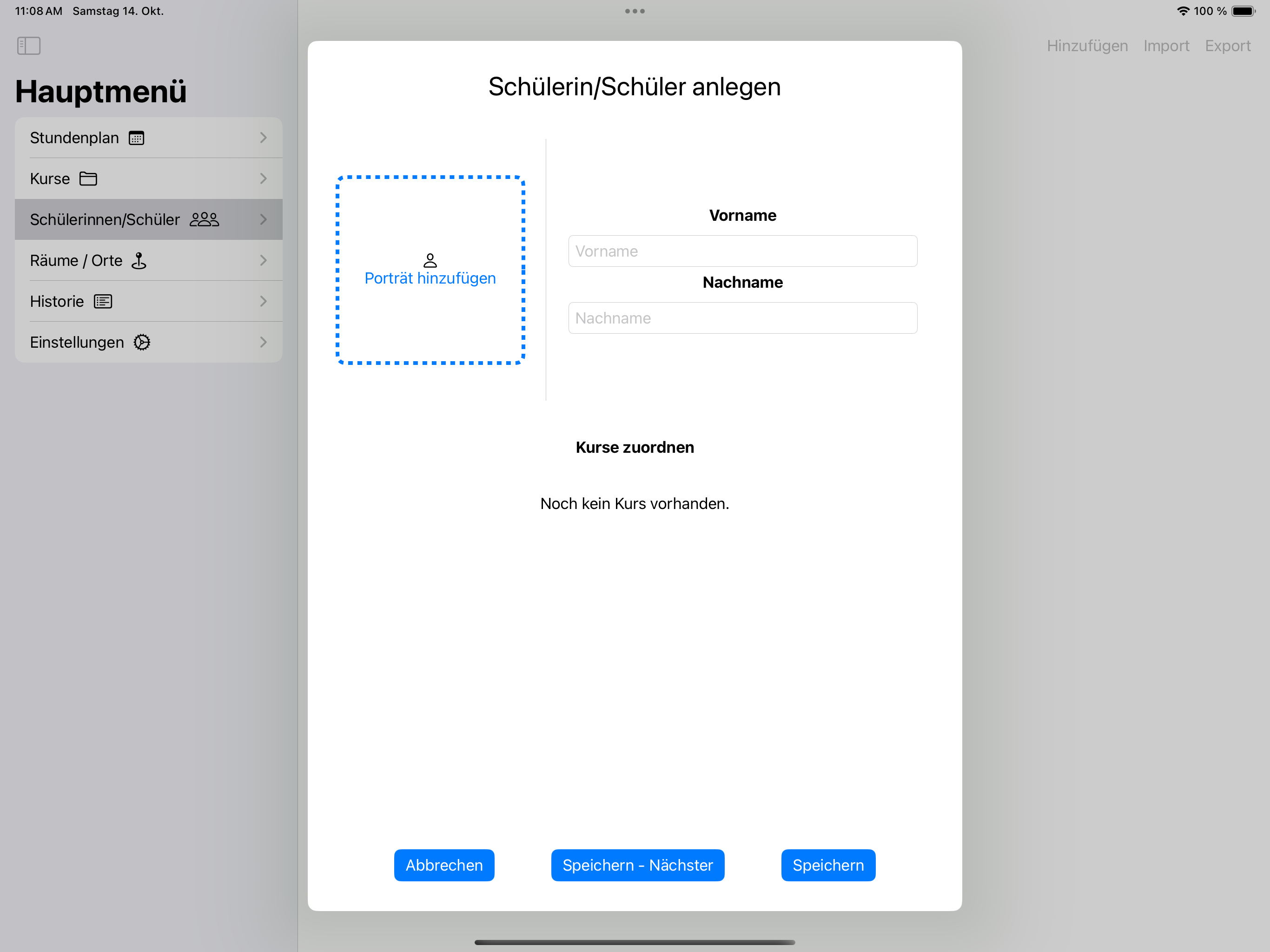 Formular zum Anlegen eines Schülers