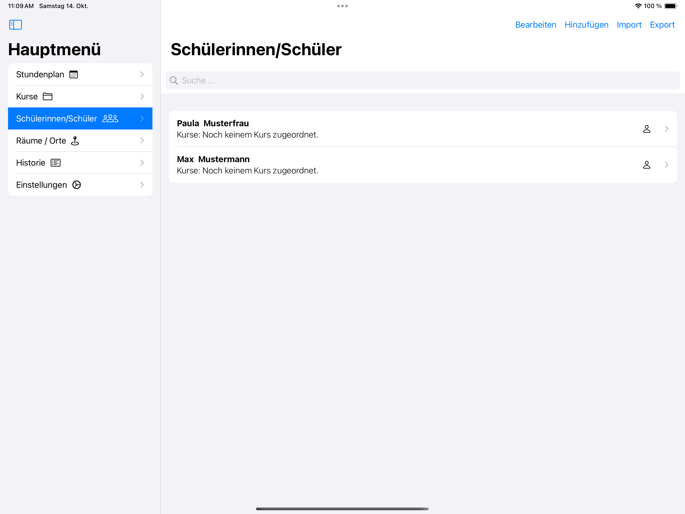 Liste der angelegten Schülerinnen und Schüler