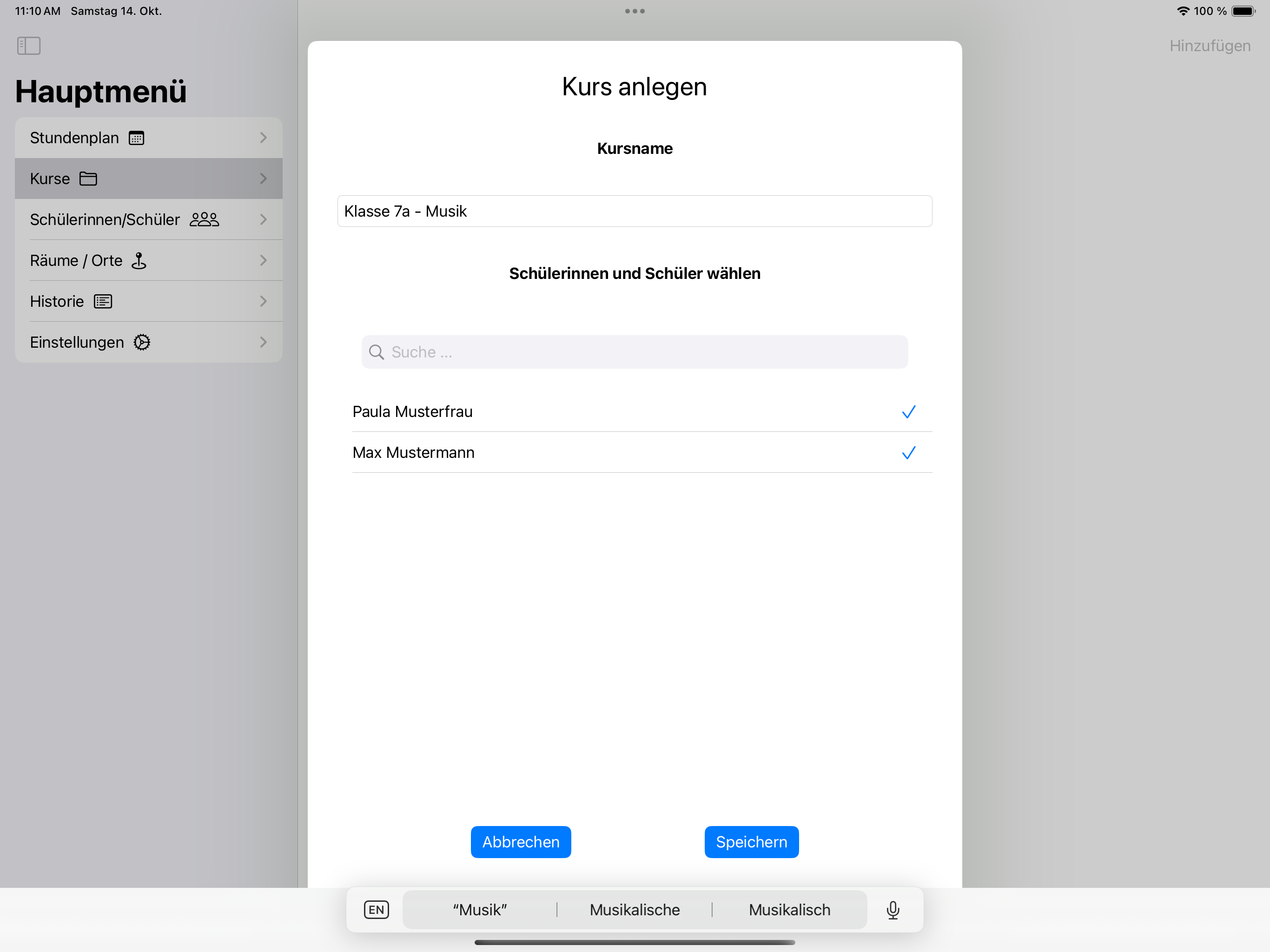 Formular zum Anlegen eines Kurses
