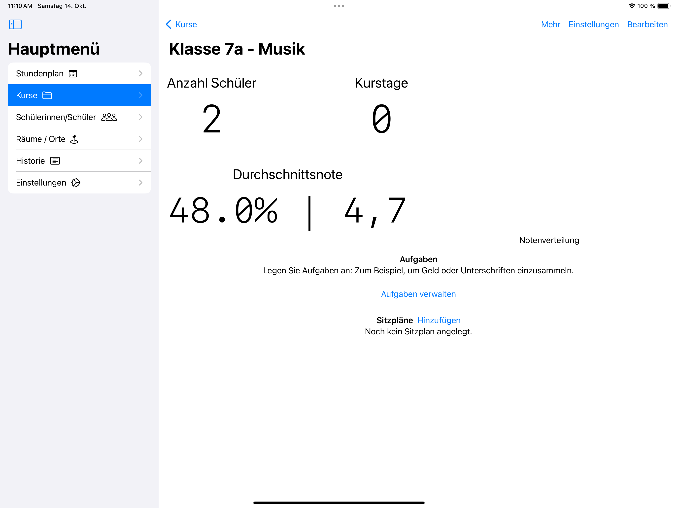 Kursübersicht eines neu angelegten Kurses