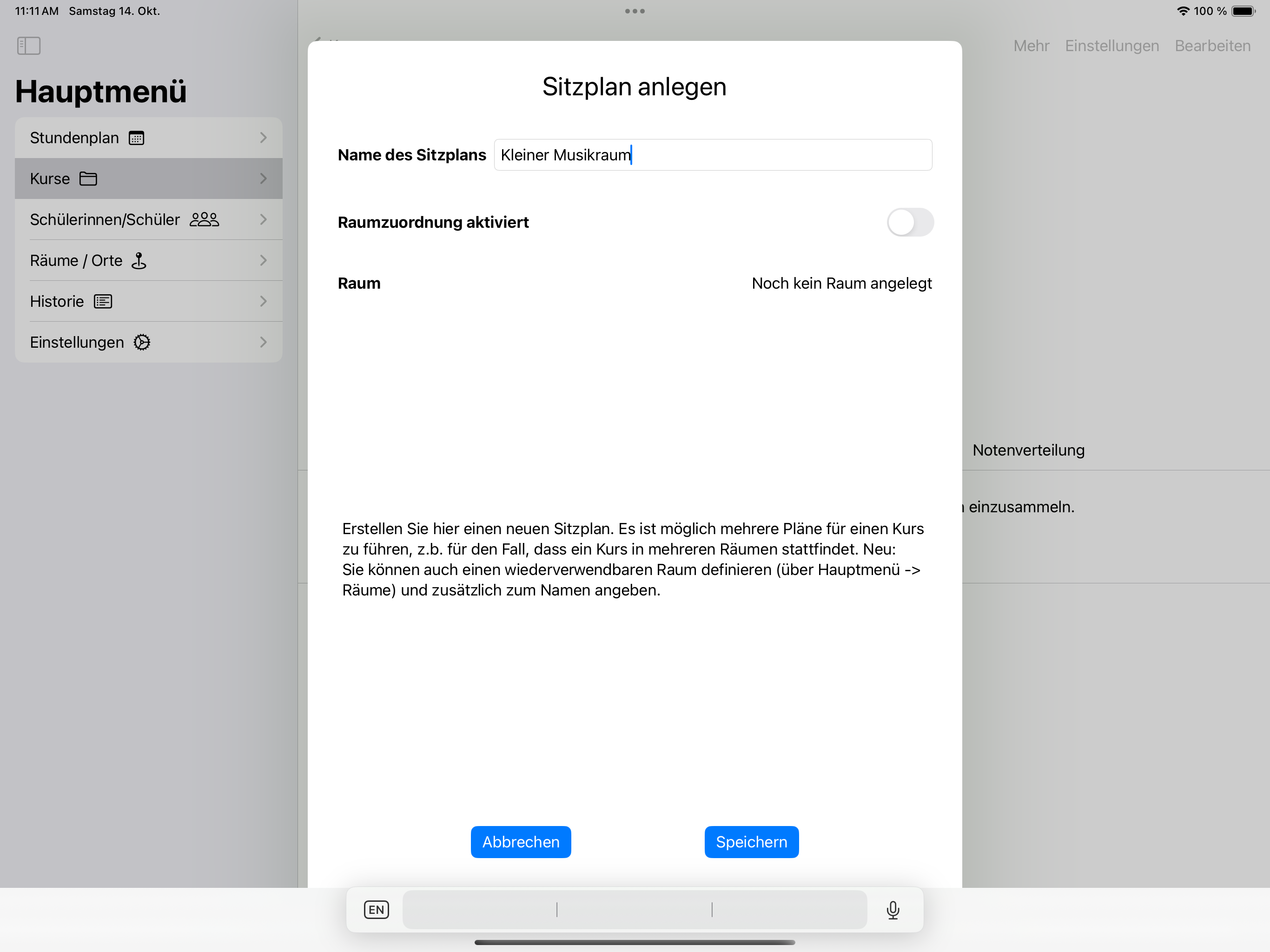 Anlegen eines neuen Sitzplans